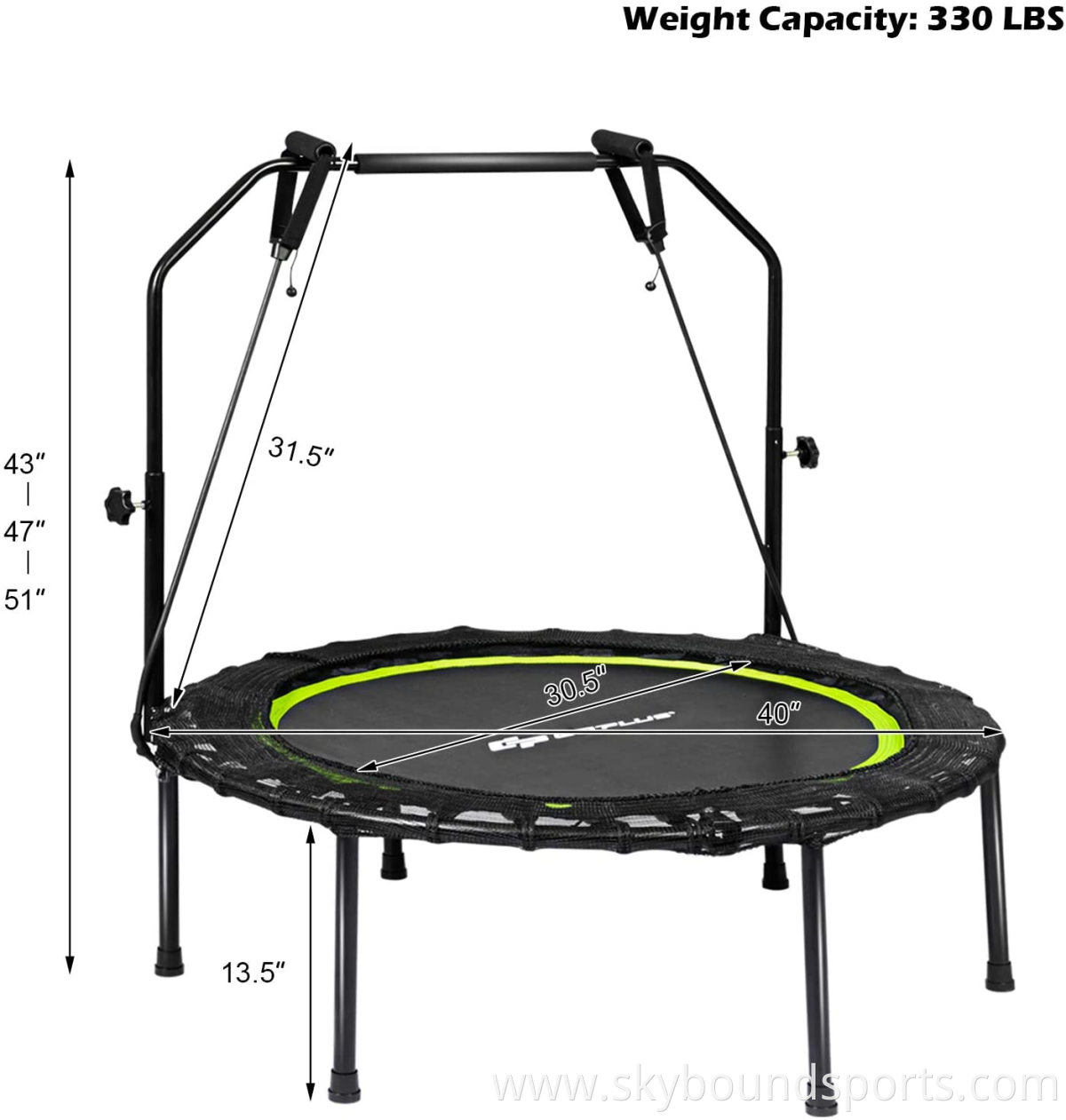 Folding Fitness Trampoline, Portable Mini Exercise Rebounder with 43''-51